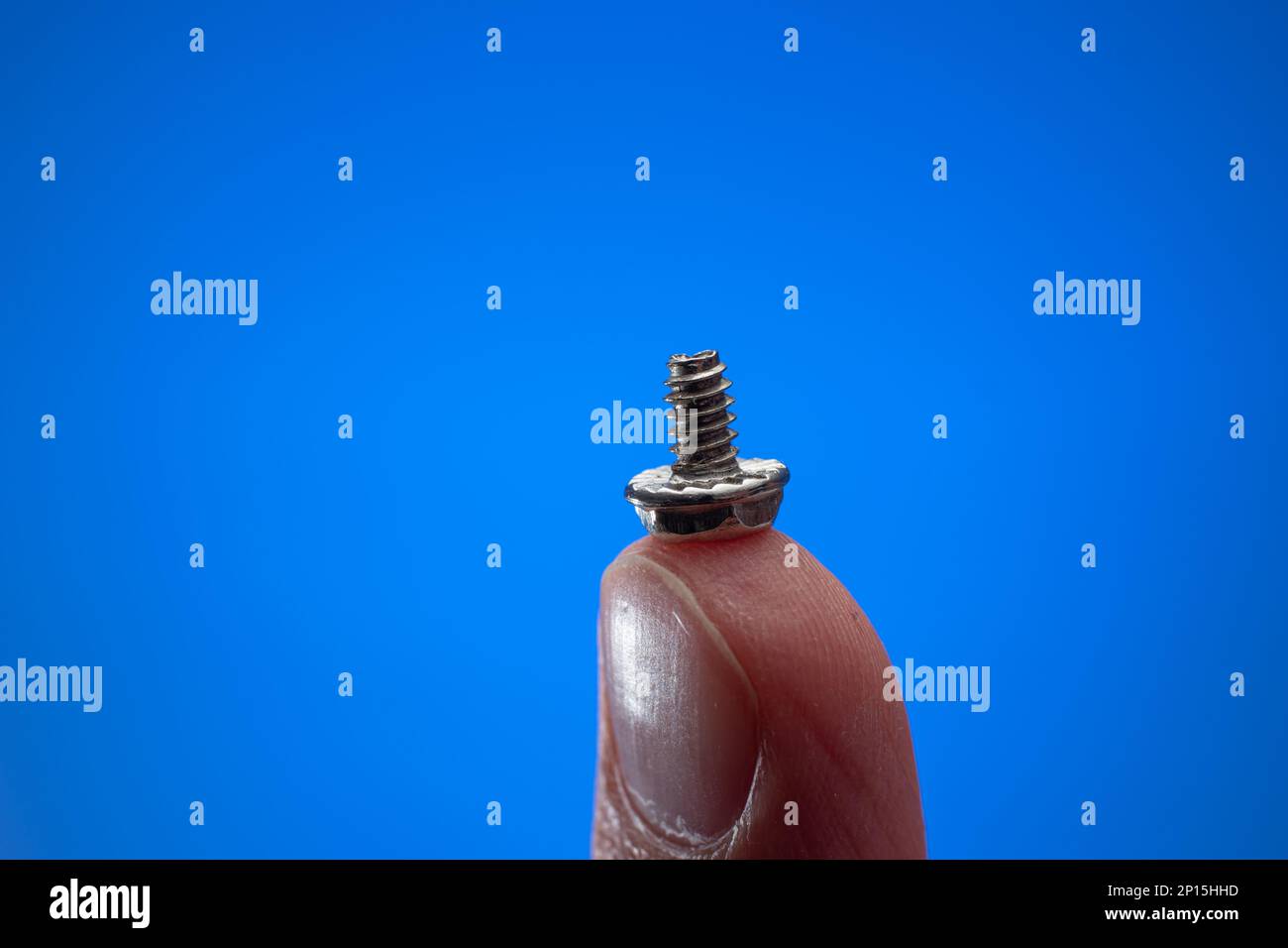 Petite vis filetée en métal maintenue entre les doigts par une main mâle caucasienne. Gros plan studio macro, isolé sur fond bleu. Banque D'Images