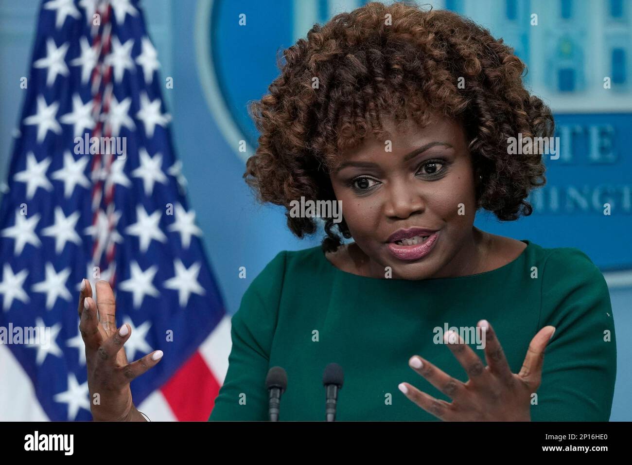 White House press secretary Karine Jean-Pierre speaks during the daily briefing at the White House in Washington, Friday, March 3, 2023. (AP Photo/Susan Walsh) Banque D'Images