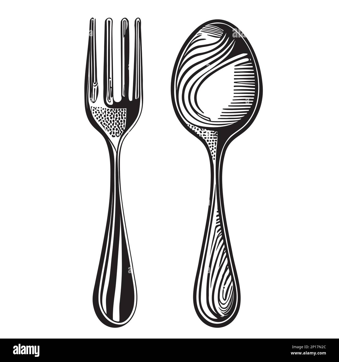 Dessin d'une cuillère et d'une fourchette dessiné avec une main dans l'illustration vectorielle de style Dudl Illustration de Vecteur
