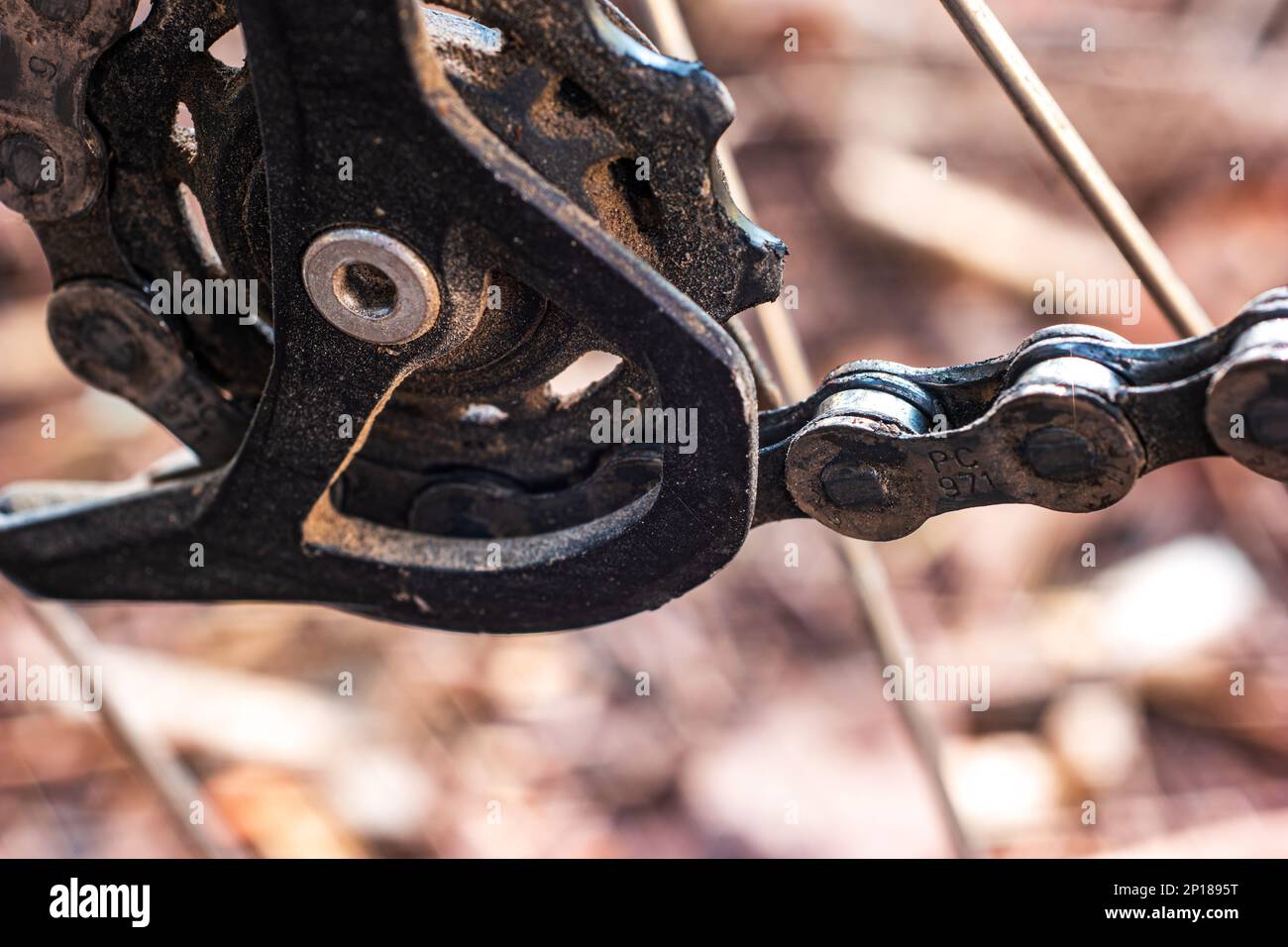 Vieux mocassins sale VTT arrière dérailleur cog et maillon de chaîne macro gros plan. Banque D'Images