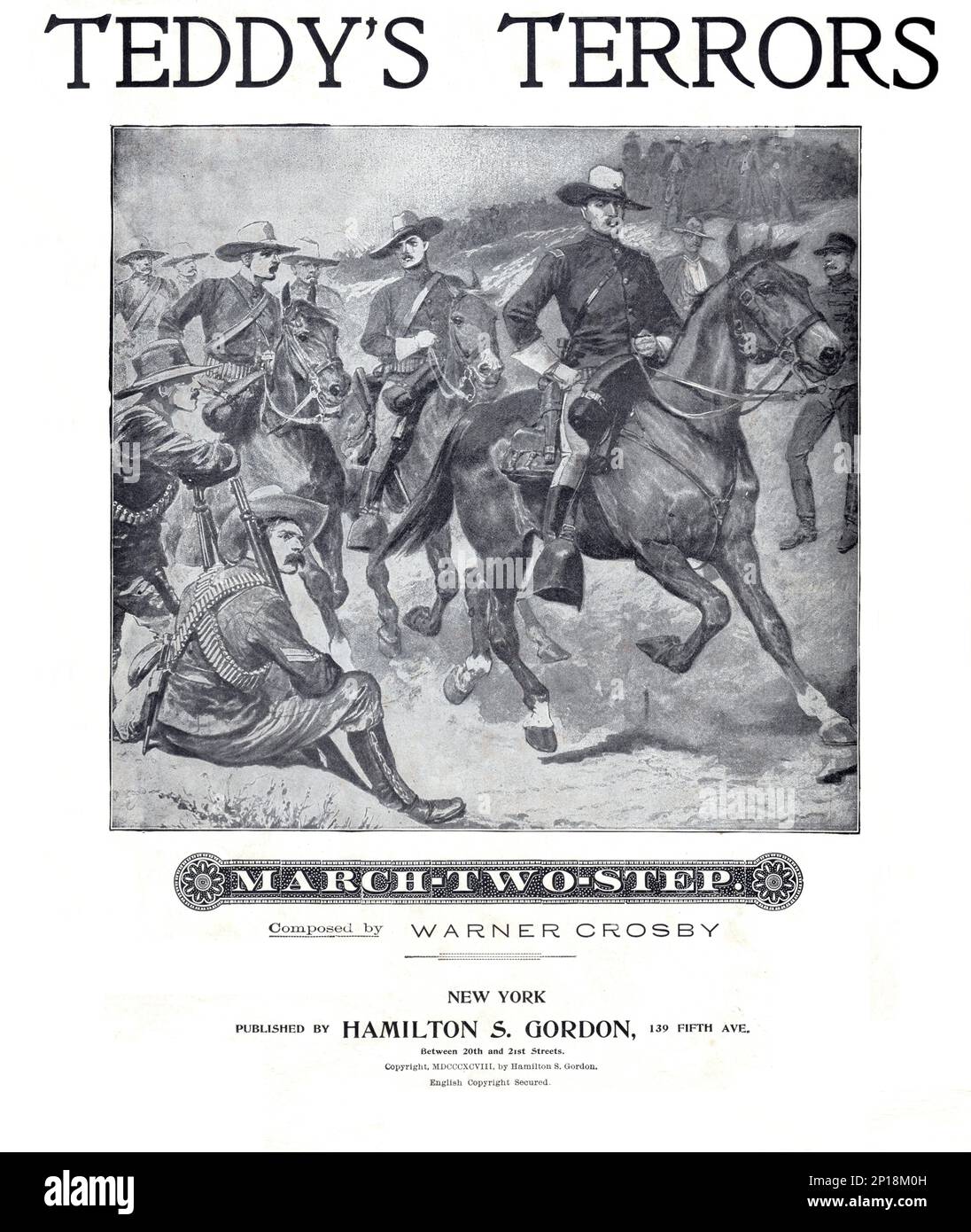 Teddy's Terrors, 1898 partitions avec Theodore Roosevelt à cheval pendant sa charge sur la colline de San Juan à Cuba pendant la guerre américaine espagnole Banque D'Images