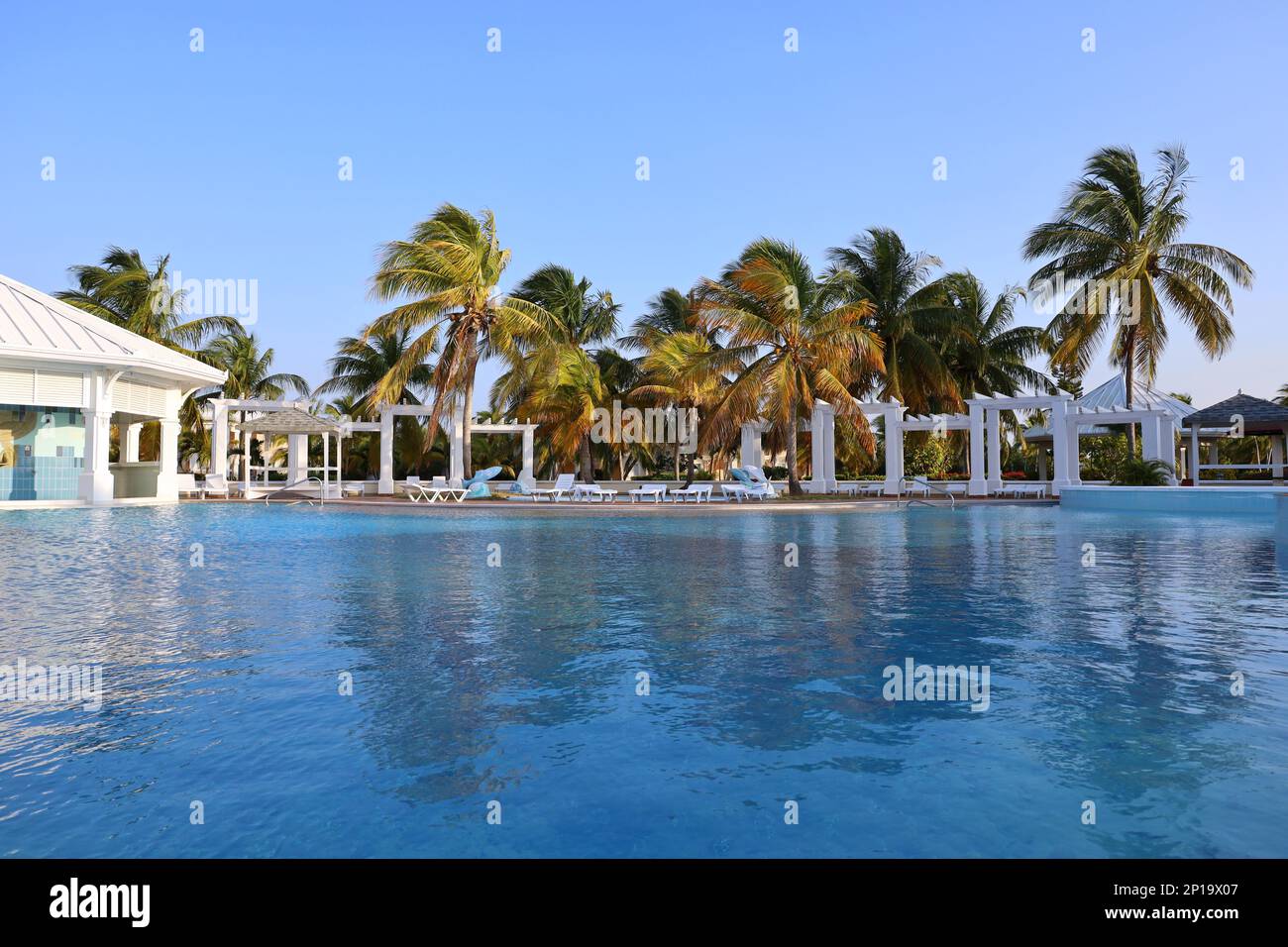 Vue sur la piscine et chaises longues vides contre les palmiers. Vacances sur la plage sur l'île tropicale Banque D'Images