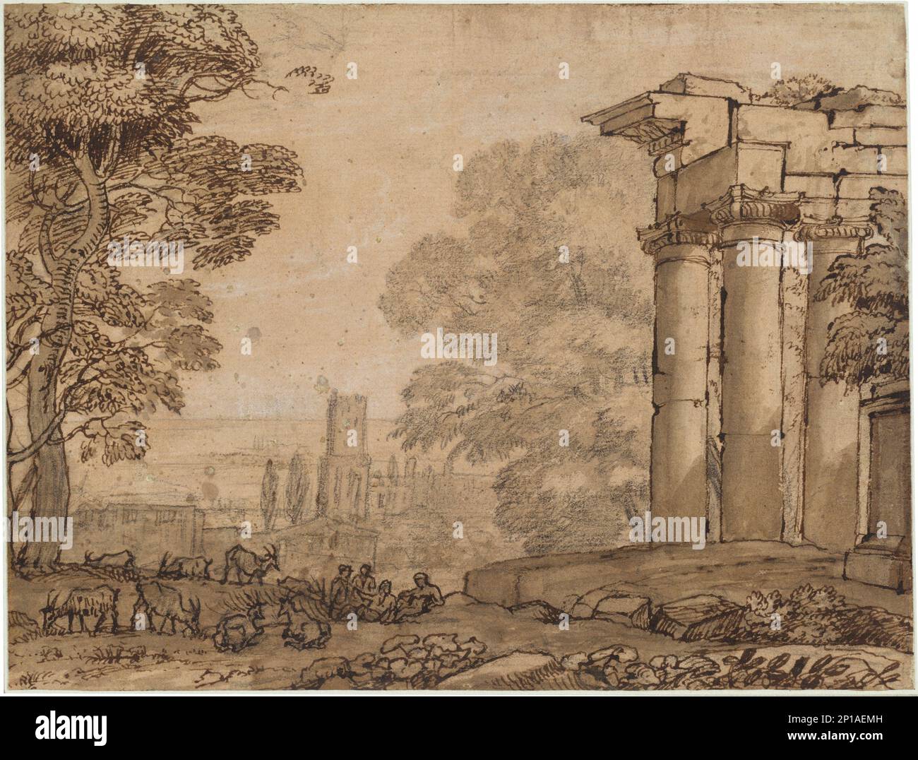 Paysage avec ruines, figurines pastorales et arbres, c. 1650. Banque D'Images