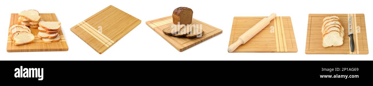 Platine à pain pour couper le pain, la broche à roulettes et le pain coupé en tranches, isolée sur fond blanc. Photo panoramique. Banque D'Images