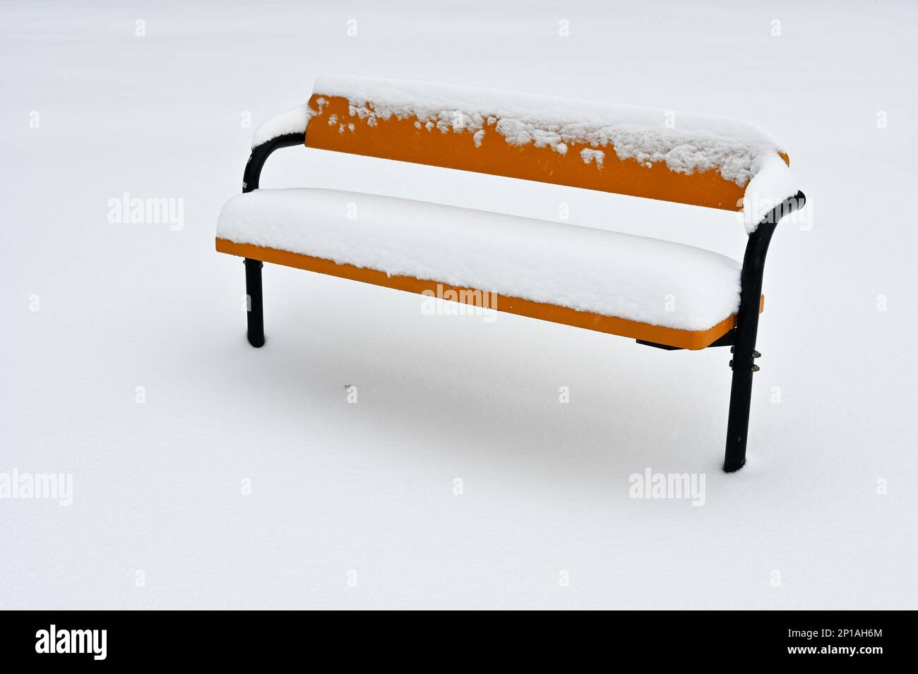 banc recouvert de neige dans un parc de la ville, photographie minimaliste Banque D'Images