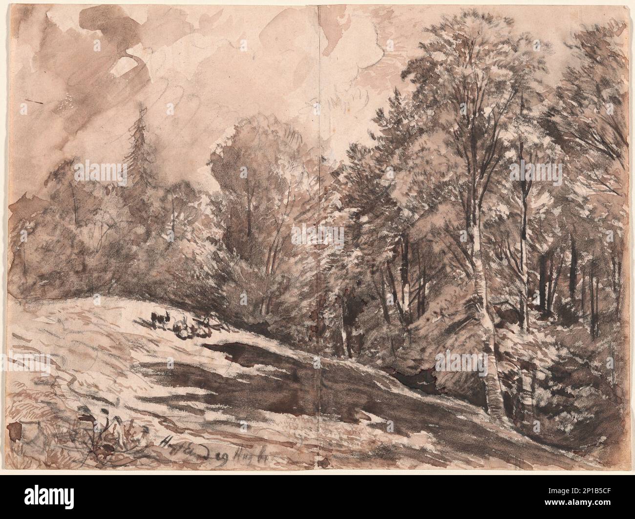 Un pré avec un berger et des chèvres au bord d'une forêt, 1861. Banque D'Images