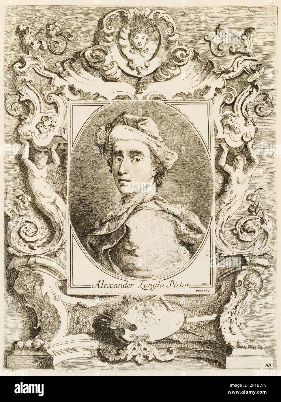 Compendidio delle Vite de' Pittori Veneziani istorici pi&#xf9;rinomati del presente secolo con suoi ritratti tratti dal naturale delimitati ed incise da Alessandro Longhi Veneziano, 1762.Compendium de la vie des peintres vénitiens et historiques les plus renommés du siècle actuel avec ses portraits tirés de la nature entourée et gravée par Alessandro Longhi. Banque D'Images