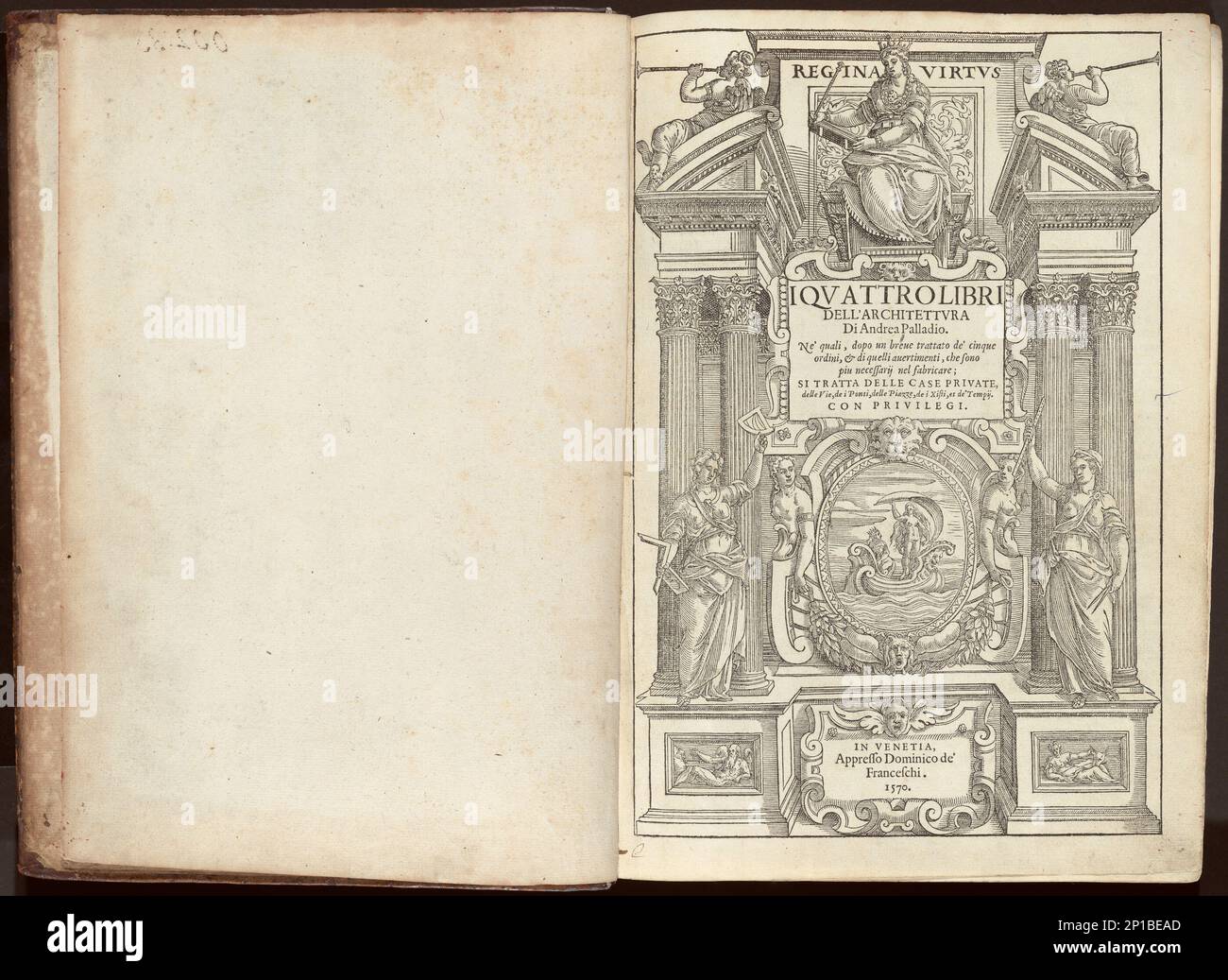 I Quattro Libri dell'Architettura Di Andrea Palladio. Ne' quali, dopo un breue trattato de' cinque ordini, et amp; di quelli auertimenti, che sono piu requarij nel fabricare; si Tratta Delle case Private, delle vie, de i Ponti, delle Piazzze, de i Xisti, Et de'Tempij., publié le 1570.The four Books of Architecture par Andrea Palladio. Banque D'Images