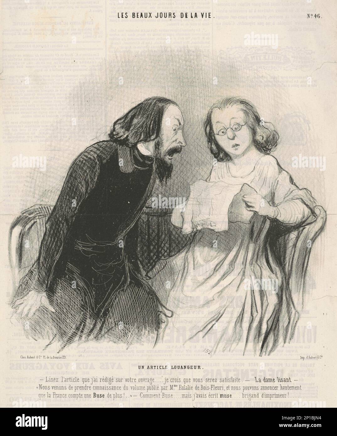 Un article louangeur, 19th siècle. [Woman lit une critique dans le journal de son livre nouvellement publié]: Nous venons d'apprendre le volume publié par Madame Eulalie de Bois-fleuri, et nous pouvons fièrement annoncer que la France a maintenant un idiot de plus [buse]! Man: Que voulez-vous dire idiot - j'ai écrit muse, cet éditeur maudit! Banque D'Images