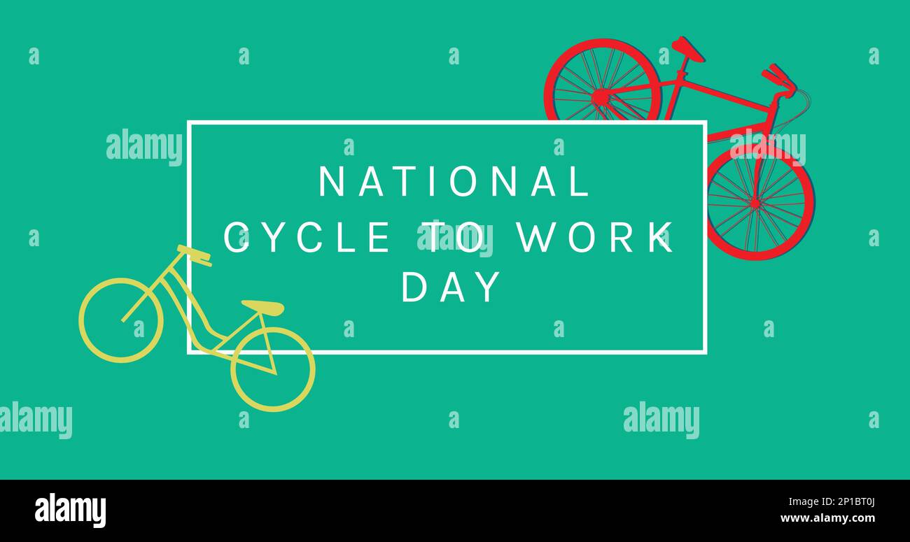 Illustration des bicyclettes rouges et jaunes avec le texte national cycle to work day sur fond bleu Banque D'Images