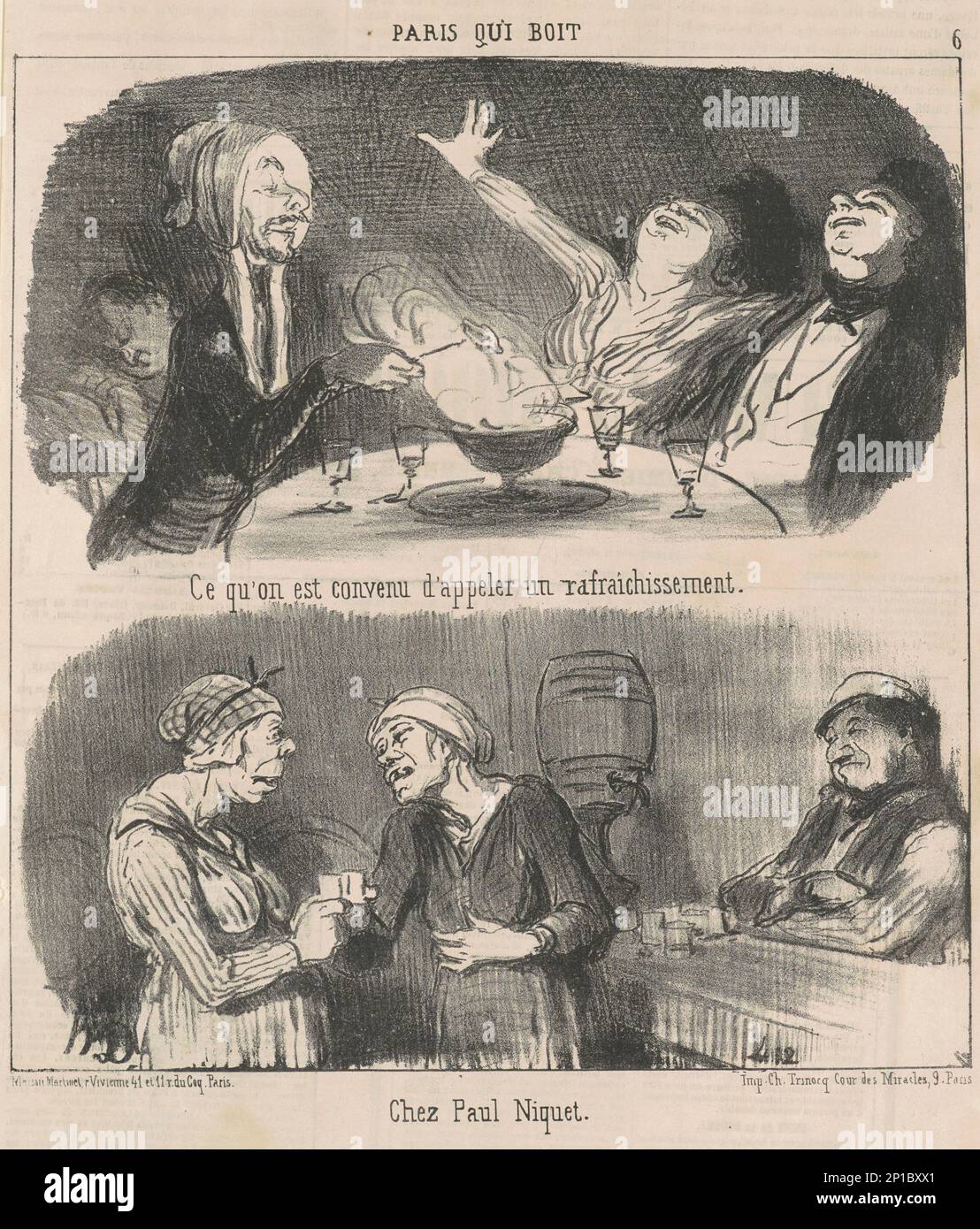 Ce qu'on est convenu d'ajouter un rafraichissage, 19th siècle. Buveurs parisiens. Ce que l'on accepte d'appeler un rafraîchissement [homme en bonnet avec fondue, ci-dessus]. Au Paul Niquet's [femmes buvant dans un bar, ci-dessous]. Banque D'Images