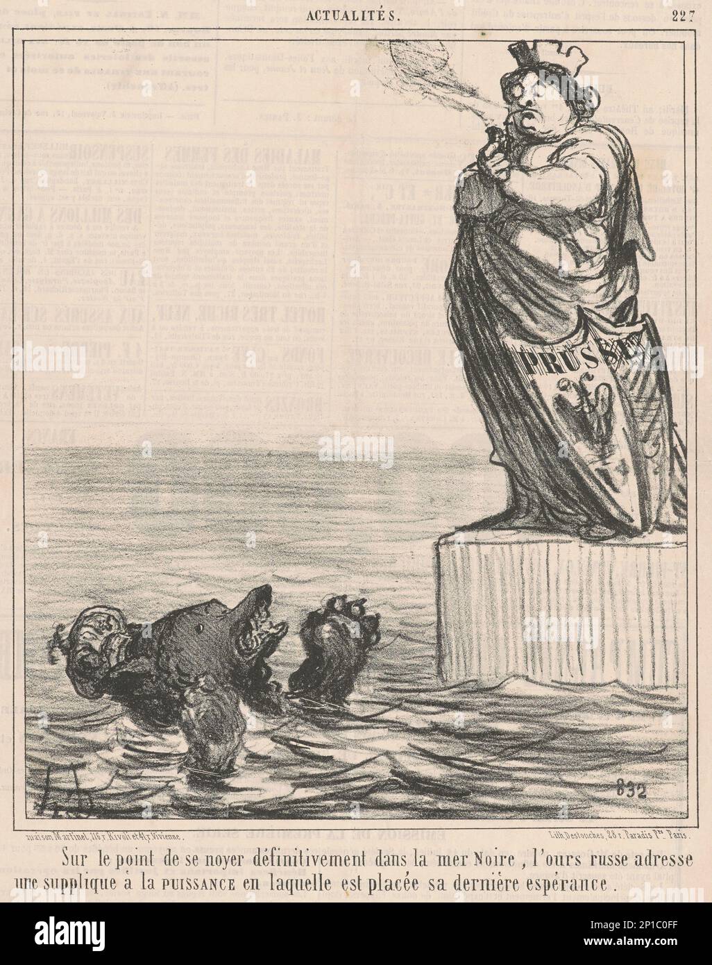 Sur le point de se noyer ..., 19th siècle. [Satire on the Crimean War - figures allégoriques de la Russie, et la Prusse fumant un tuyau]. Sur le point de se noyer dans la mer Noire, l'ours russe fait appel à la puissance dans laquelle il a placé son dernier espoir. Banque D'Images