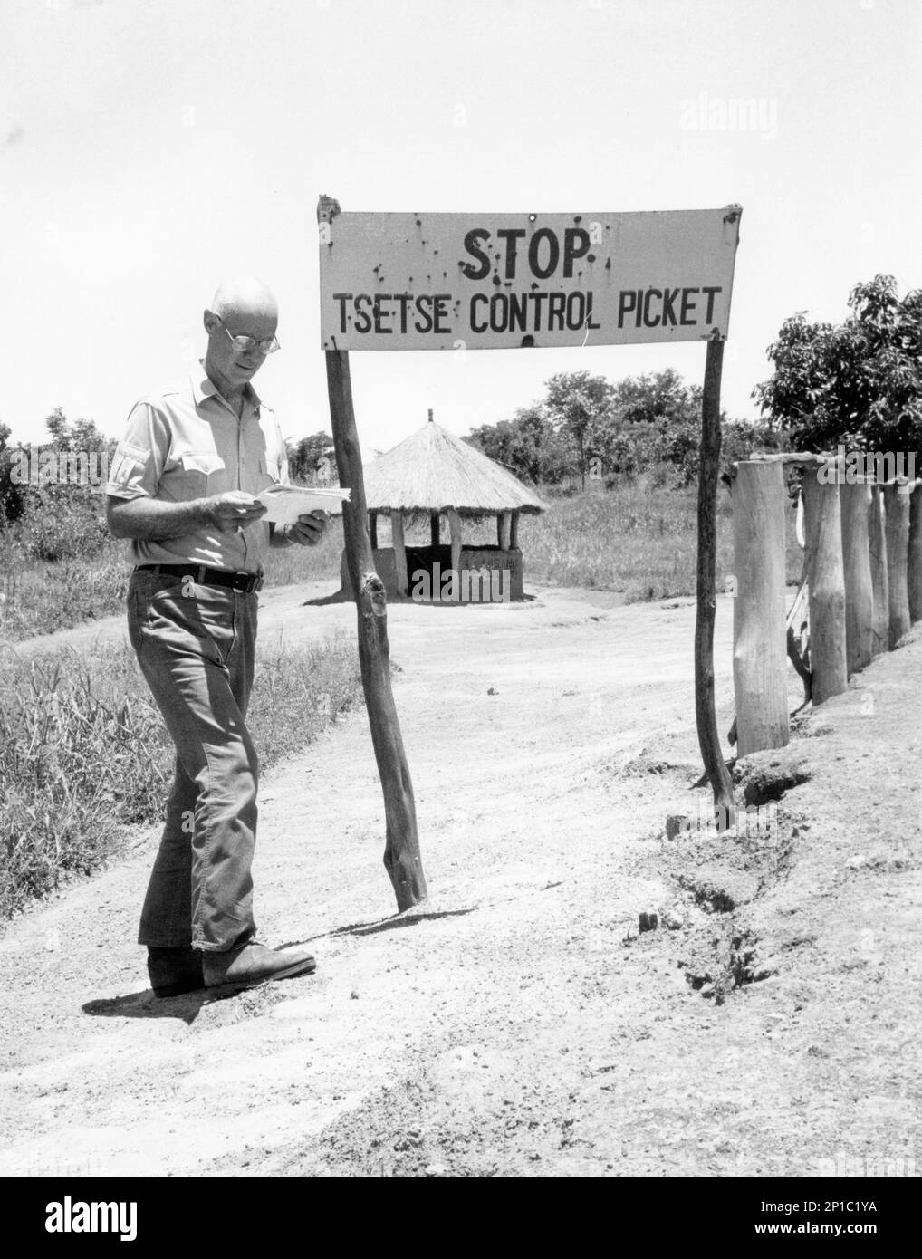 Le capitaine lance Sholdt, MSC, passe en revue la carte des zones infestées par les mouches au point de contrôle central du piquet de grève tsé-tsé, non loin de Lutale, en Zambie. Sholdt, entomologiste de la Marine, s'est rendu en Afrique pour tester l'efficacité des répulsifs et des vêtements topiques imprégnés de perméthrine, un répulsif/insecticide. Banque D'Images