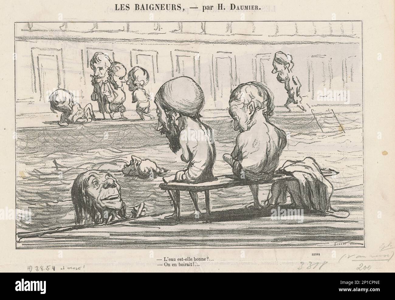 L'eau est-elle bonne ? ... / Une eau pleurée, 19th Century.baigneurs par Daumier - est l'eau bonne?....deep eau. Banque D'Images