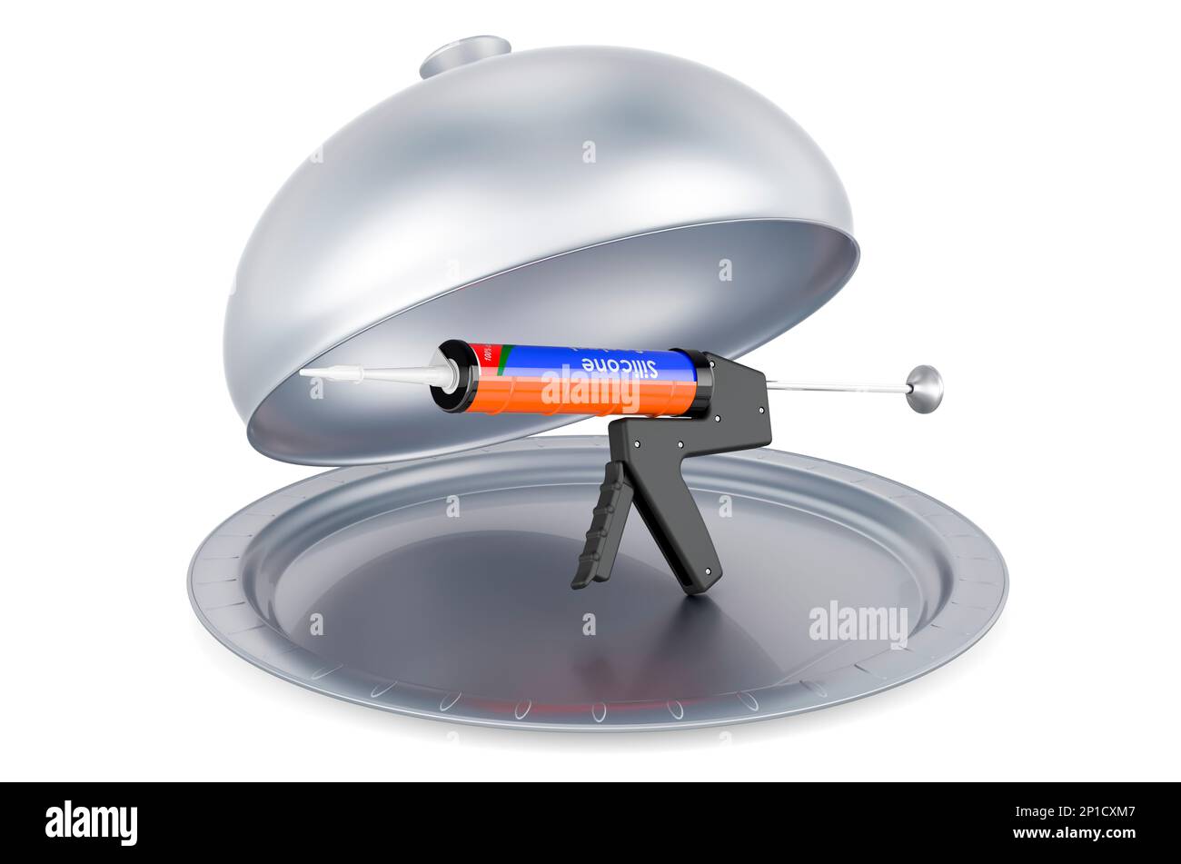 Cloche de restaurant avec pistolet à mastic avec tube à mastic de silicone, 3D rendu isolé sur fond blanc Banque D'Images