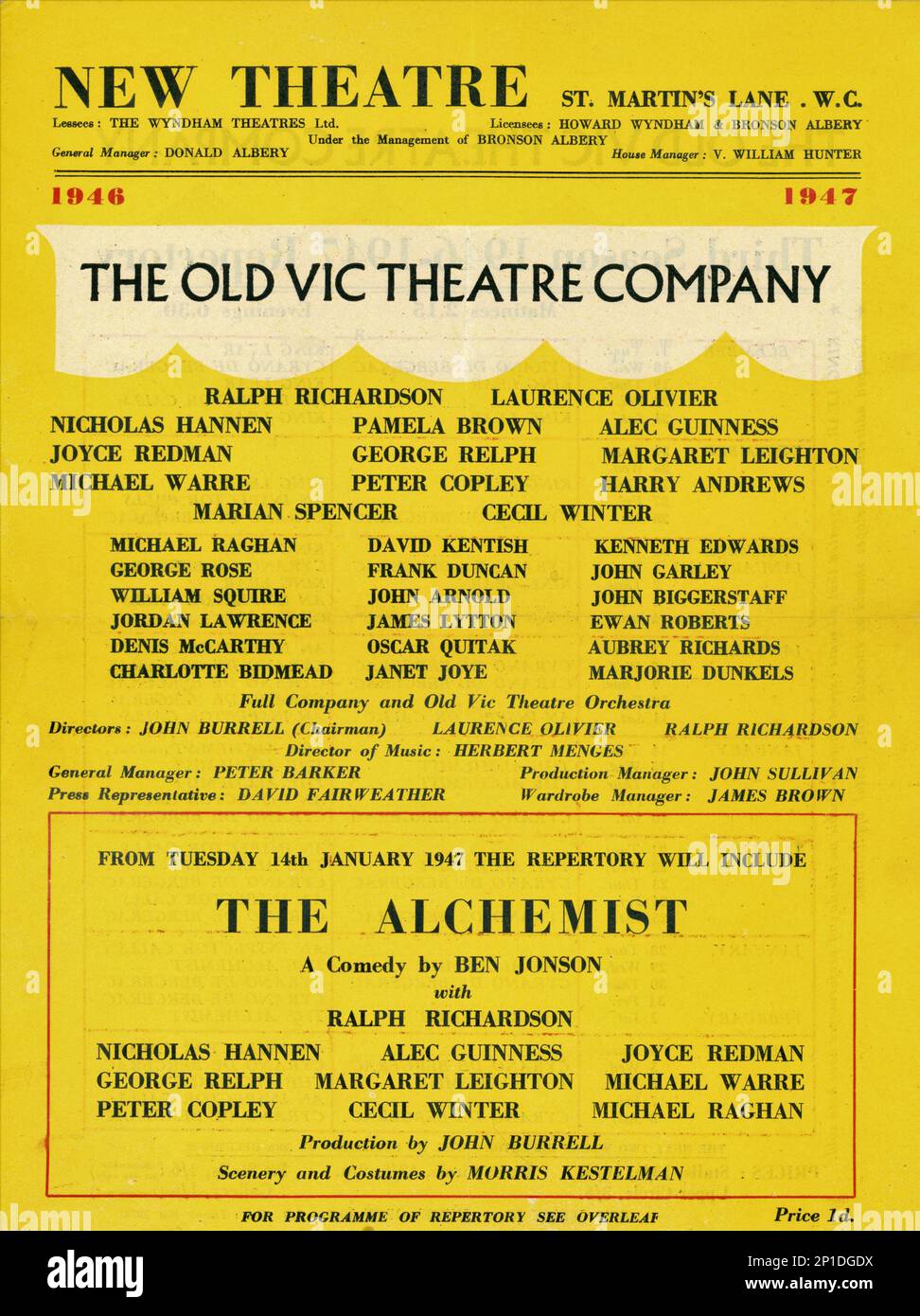 Avant de la main de fin décembre 1946 au début février 1947 performances avec RALPH RICHARDSON LAURENCE OLIVIER PAMELA BROWN ALEC GUINNESS JOYCE REDMAN et MARGARET LEIGHTON dans la saison 3rd de l'Old Vic Theatre Company répertoire de pièces au New Theatre, Londres composé de CYRANO DE BERGERAC, KING LEAR< UN INSPECTEUR APPELLE et le nouvel ALCHIMISTE (avec Ralph Richardson Alec Guinness Joyce Redman et Margret Leighton) Banque D'Images