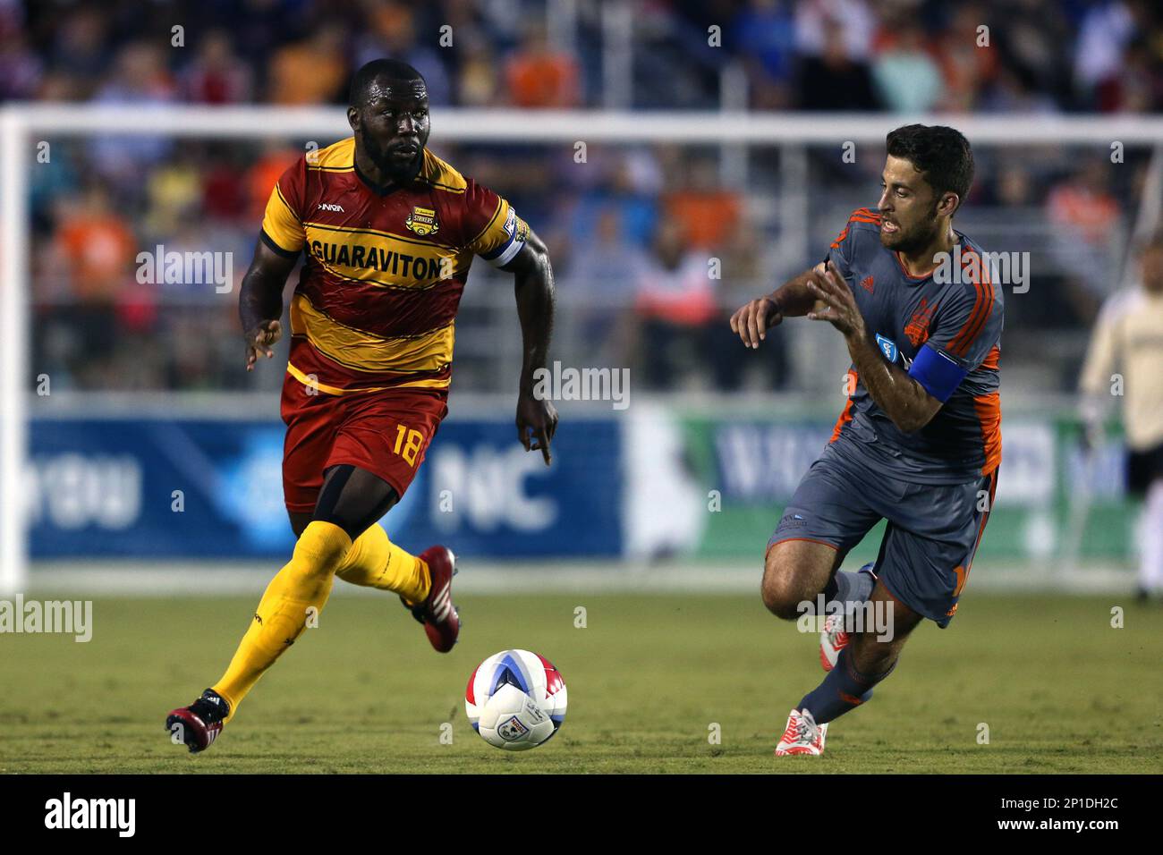 07 May 2016: Fort Lauderdale's Jean-Marc Alexandre (HAI) (18) and Carolina's Nazmi Albadawi (10). The Carolina RailHawks hosted the Fort Lauderdale Strikers at WakeMed Stadium in Cary, North Carolina in a 2016 North American Soccer League Spring Season game. The Strikers won the game 3-1. (Photograph by Andy Mead/YCJ/Icon Sportswire) (Icon Sportswire via AP Images) Banque D'Images