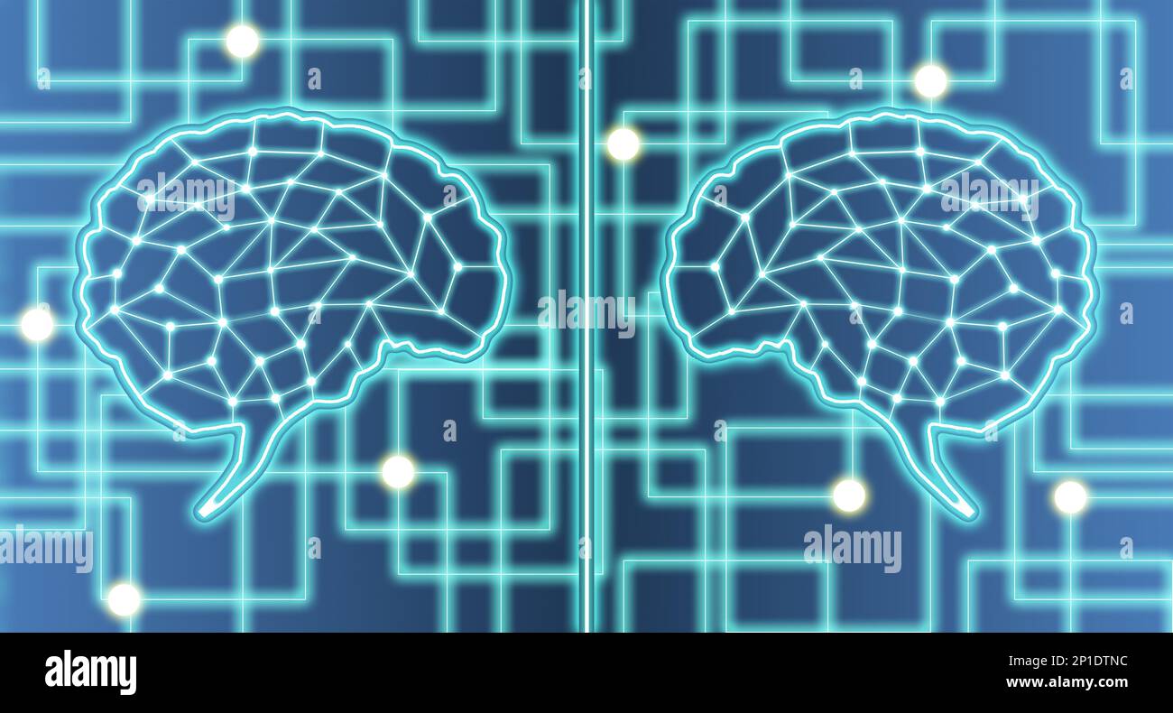 deux cerveaux d'intelligence artificielle dans le réseau, la conception technologique Banque D'Images