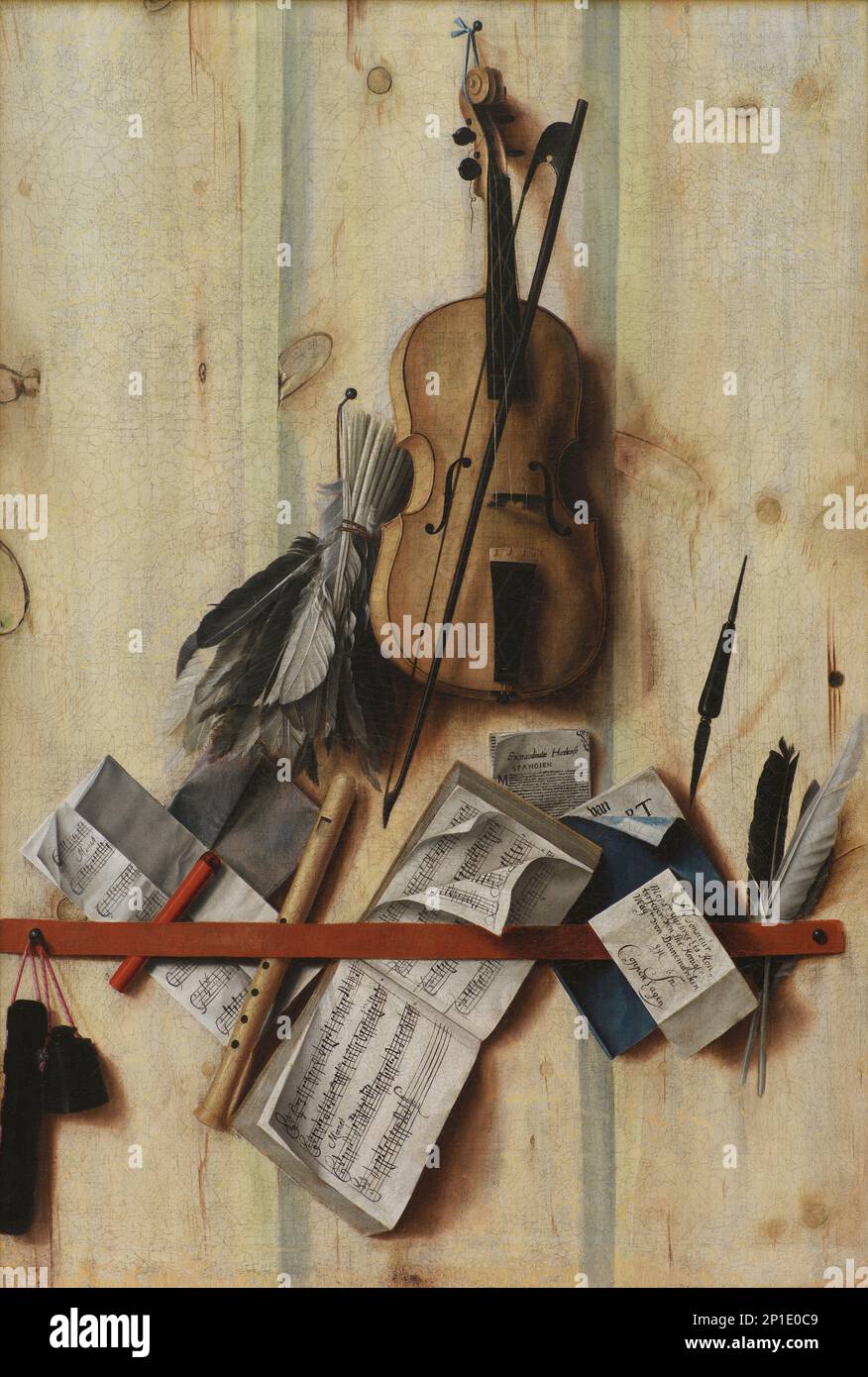 Trompe l'oeil avec violon, Livre et enregistreur de musique, 1672. Banque D'Images