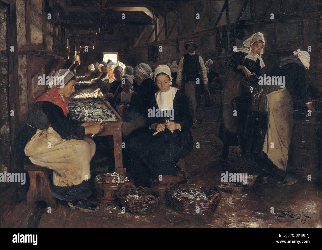 Un établissement de curage et d'emballage sarde à Concarneau; Une conserverie sarde à Concarneau, 1879. Banque D'Images