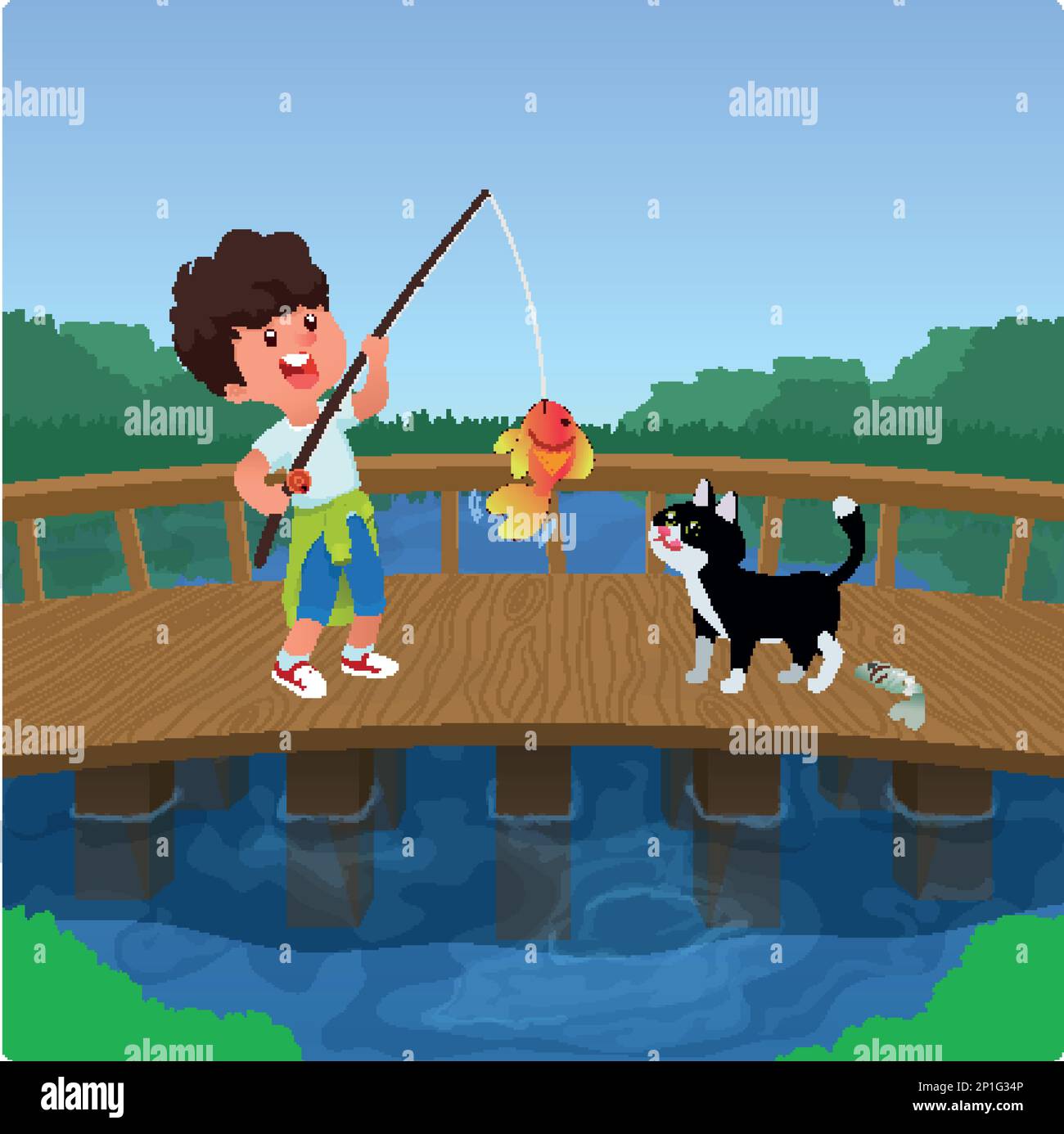 L'enfant Sérieux De Petit Garçon Pêche Sur La Rivière Avec Une Canne à Pêche.  Image stock - Image du enfance, petit: 203541551