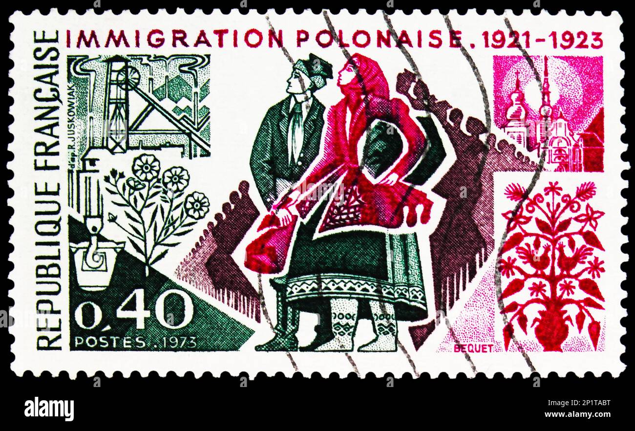 MOSCOU, RUSSIE - 15 FÉVRIER 2023 : le timbre-poste imprimé en France montre l'immigration polonaise 1921-1923, vers 1973 Banque D'Images