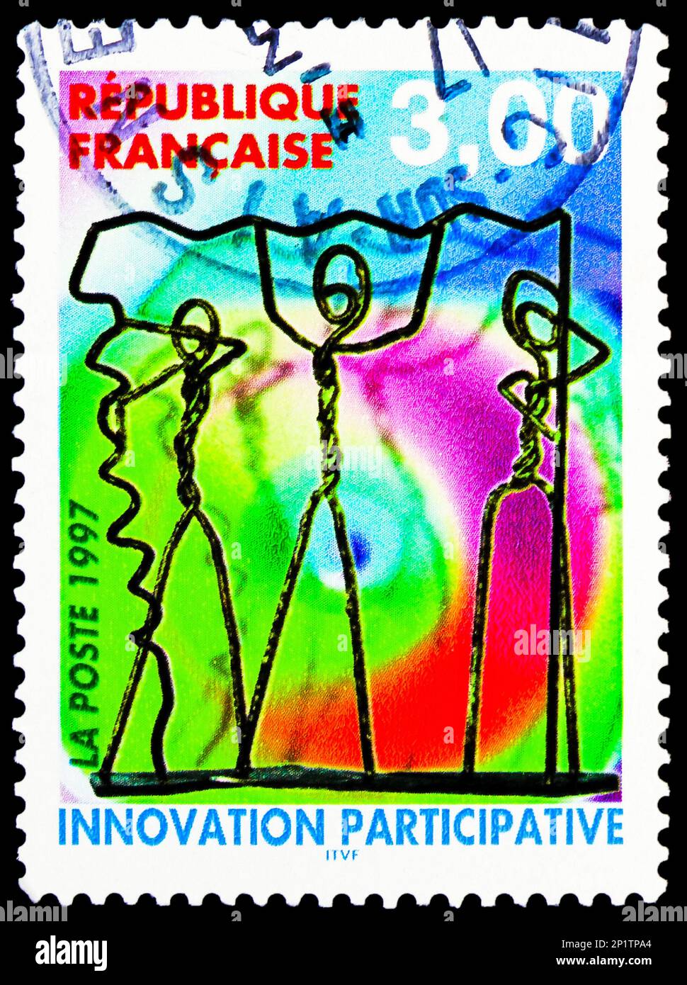 MOSCOU, RUSSIE - 15 FÉVRIER 2023: Timbre-poste imprimé en France montre l'innovation participative, vers 1997 Banque D'Images