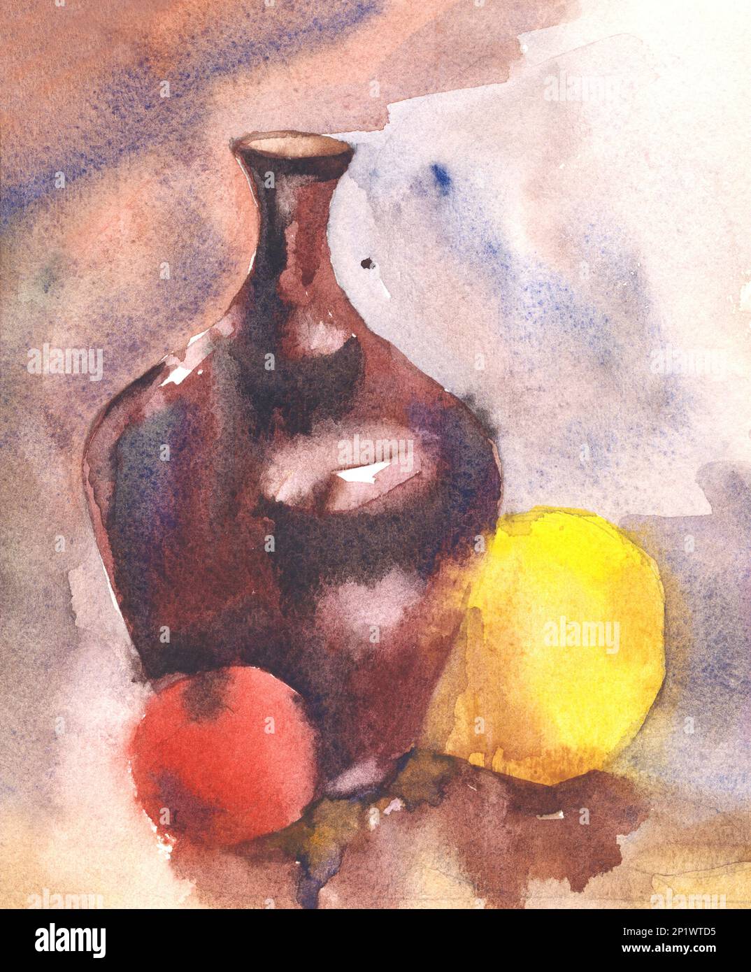 Une peinture aquarelle lumineuse encore-vie avec un pot, une pomme, sur un fond de draperies. Illustration aquarelle. Banque D'Images