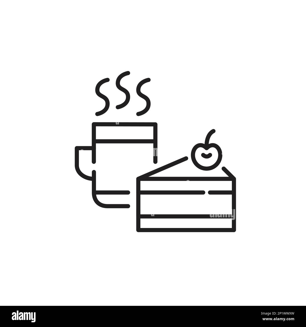 Café chaud dans une tasse et une tranche de gâteau de cerise. Un café vous propose un délicieux cadeau. Pixel Perfect, icône de contour modifiable Illustration de Vecteur