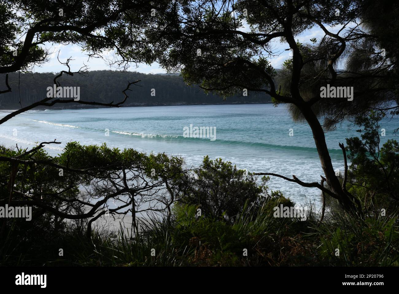 Baie de Fortescue péninsule de Tasman vue à travers les arbres sur le chemin du cap Hauy une vue bienvenue après une longue promenade Banque D'Images