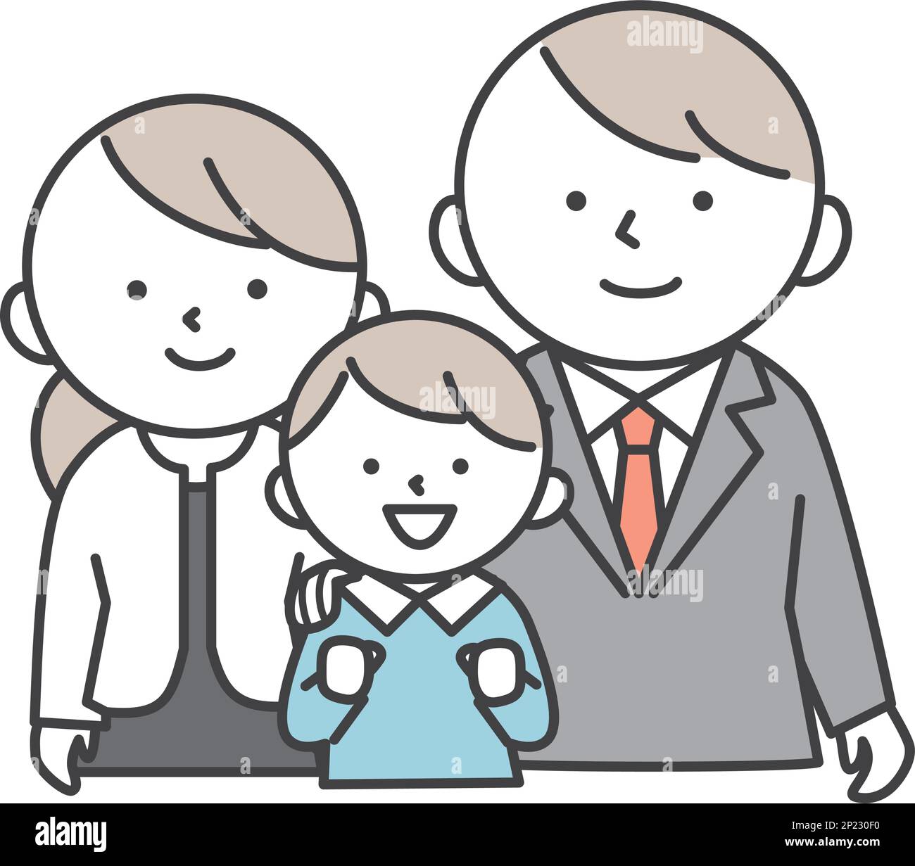 Un garçon souriant et des parents portant une seule pièce et un costume. Illustration du fils et des parents de l'école primaire. Illustrations de style simples avec contours. Illustration de Vecteur