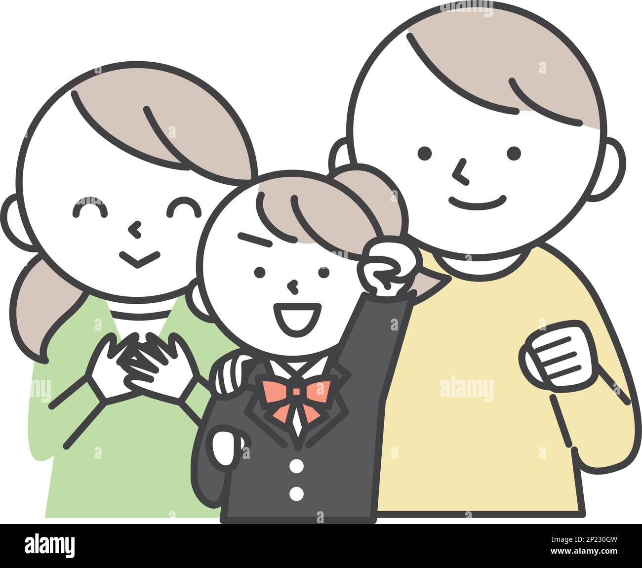 Une étudiante souriante dans un uniforme de blazer et ses parents. Illustration de la famille de la fille et des parents. Illustrations de style simples avec contours. Illustration de Vecteur