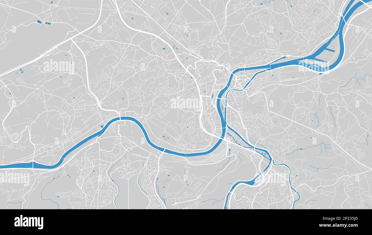 Carte de la Meuse, ville de Liège, Belgique. Cours d'eau, débit d'eau, carte routière bleue sur fond gris. Illustration vectorielle, silhouette détaillée. Illustration de Vecteur