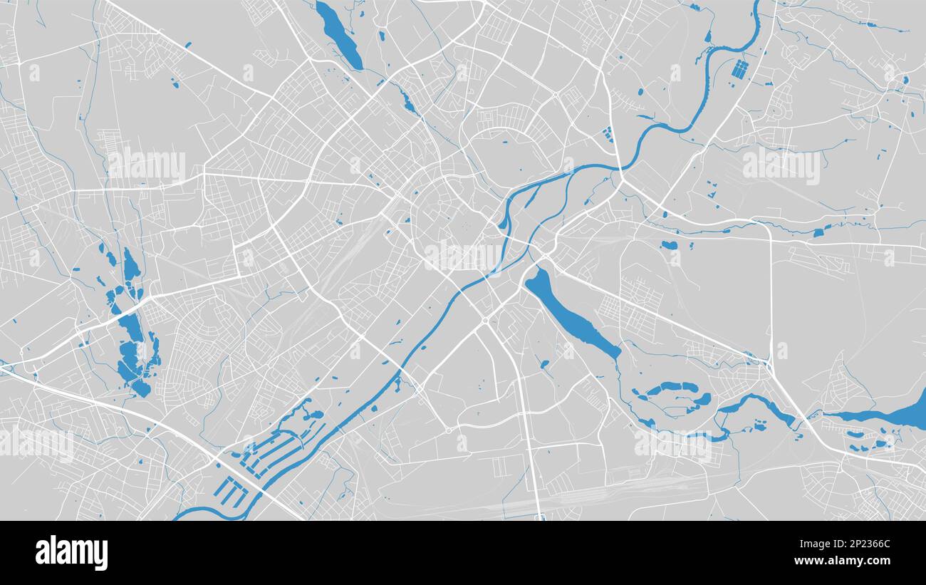 Carte de la rivière Warta, ville de Poznan, Pologne. Cours d'eau, débit d'eau, carte routière bleue sur fond gris. Illustration vectorielle, silhouette détaillée. Illustration de Vecteur