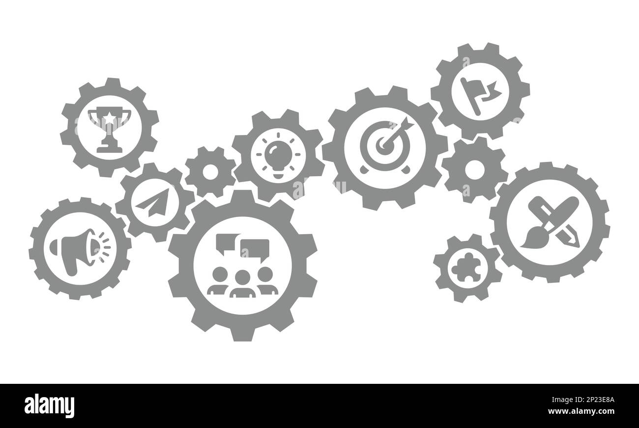 Modèle d'icône de vecteur de démarrage d'entreprise et Gears. Mécanisme d'engrenage, indicateur, mégaphone, icônes de remplissage d'équipe. Illustration de Vecteur