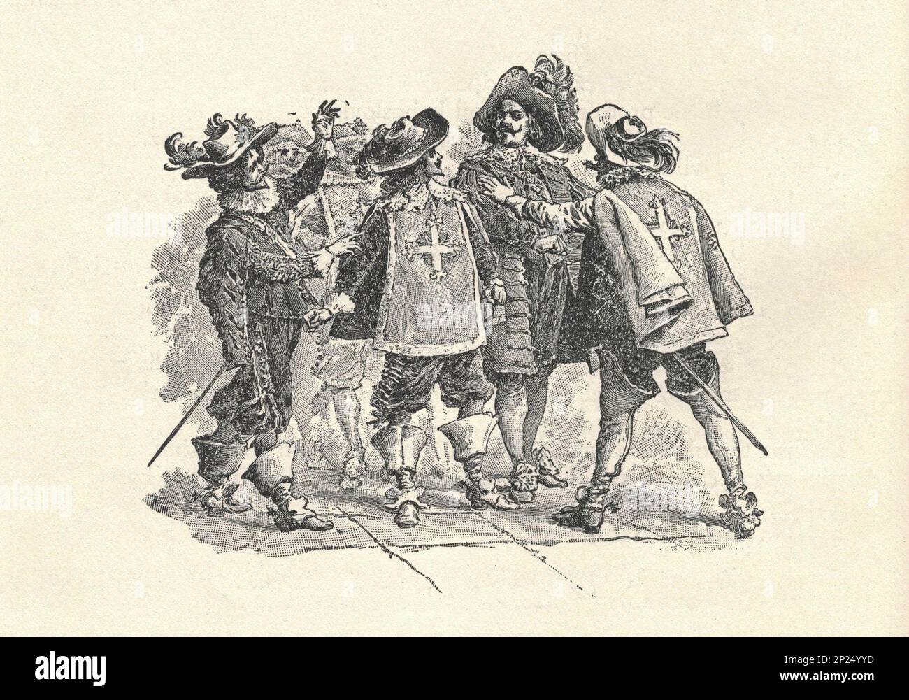 TROIS MOUSQUETAIRES. /D'Artagnan, Athos, Aramis et Porthos. Illustration d'une édition de la fin du 19th siècle, par Alexander Dumas pere. Illustration de Maurice Leloir. Banque D'Images