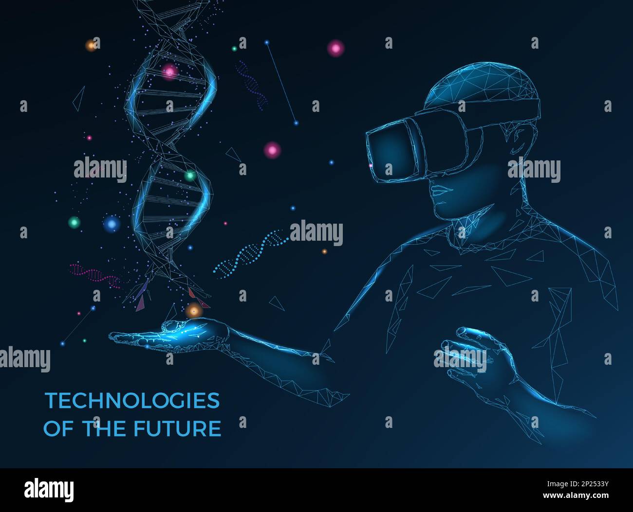 Industrie biologique de la VR. Hologramme d'ADN. Laboratoire scientifique. Logiciel de recherche génomique pour micro-casques/oreillettes. Future étude virtuelle de gène. Mouvement de la main. Hélice chromosomique sur le bras des scientifiques. Illustration de Vector 3D Illustration de Vecteur