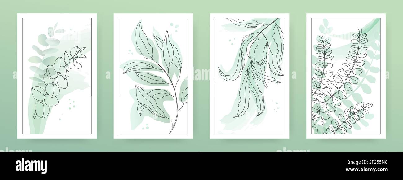 Art abstrait de la nature, affiches de plantes. Dessin de feuilles aquarelle, cartes boho d'été ou d'automne biologiques minimalistes. Décor de mariage rustique aux herbes. Ensemble d'éléments de conception vectoriels, collection d'arrière-plan ou de couvertures Illustration de Vecteur