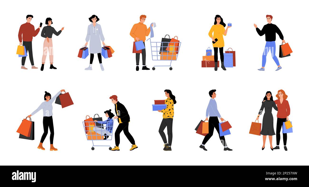 Les gens font leurs achats à prix réduit. Personnes avec des chariots et des sacs. Des hommes et des femmes heureux faisant l'achat dans le centre commercial. Les clients achètent ou des chaussures et des vêtements. Acheteurs du magasin. Collection d'illustrations vectorielles Illustration de Vecteur