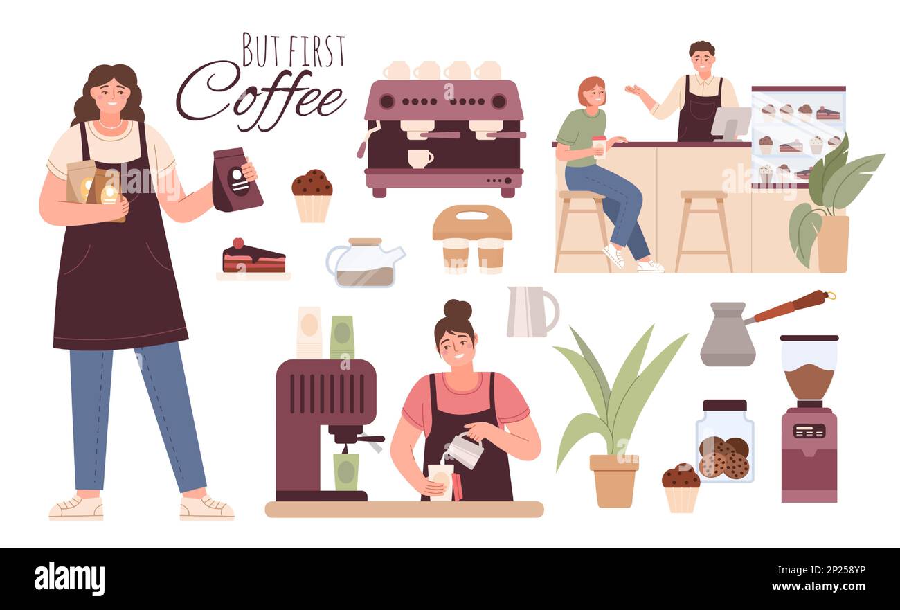 Set de barista du café, café. Station de bar, magasin de lait et de haricots, placer avec du chocolat chaud. Personnages isolés de style dessin animé. L'homme et la femme ont le petit déjeuner. Concept d'illustration vectorielle Illustration de Vecteur