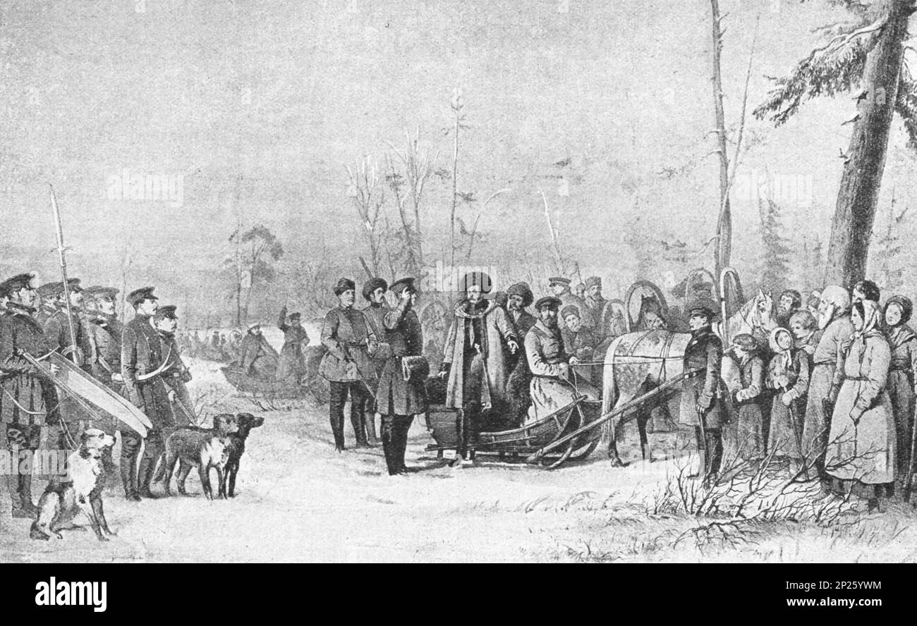 Arrivée de l'empereur russe Alexandre II au lieu de chasse à l'ours. Peinture du 19th siècle. Banque D'Images