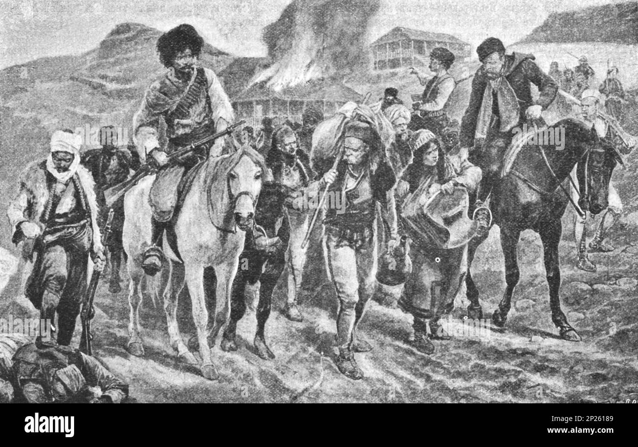 Fugitifs macédoniens poursuivis par Arnautes et Bashi-Buzuks. Illustration du début du 20th siècle. Banque D'Images