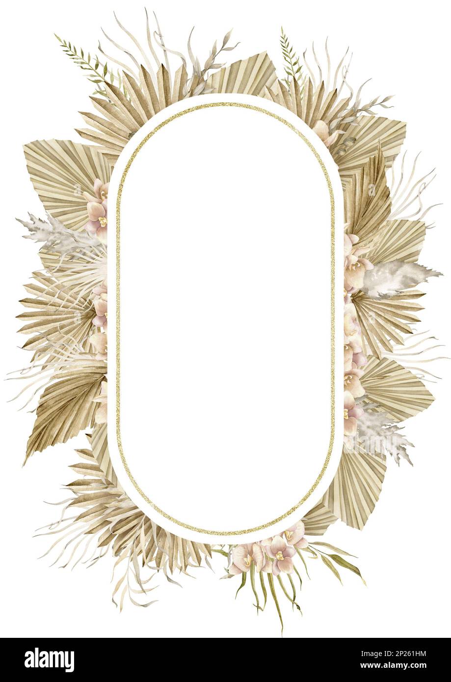 Cadre floral aquarelle avec feuilles de palmier séchées et fleurs d'orchidées rose pâle en style boho. Illustration isolée dessinée à la main. Modèle Bohemian pour cartes de vœux ou invitations dans des couleurs pastel crémeuses Banque D'Images