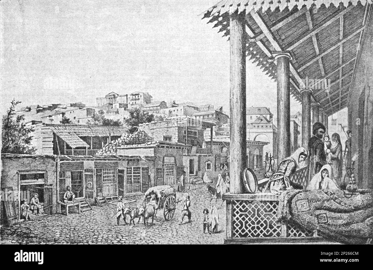 Vue sur la ville de Shamakhi avant le tremblement de terre de 1902. Dessin de 1902. Banque D'Images