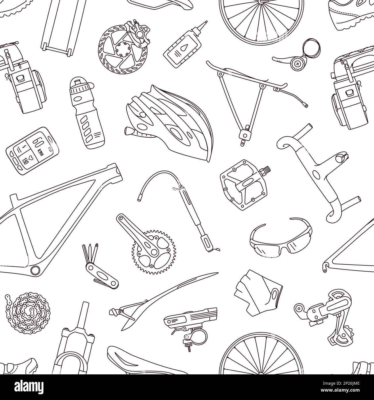 Style d'icône de ligne Schéma vectoriel sans couture de pièces, composants, pièces de rechange et accessoires de vélo. Illustration de Vecteur