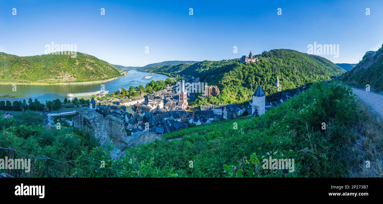 Bacharach: Vue sur la vieille ville de Bacharach avec église St. Pierre, ruine Wernerkapelle, Rhin, vignoble, tour de Postenturm à Rheintal, Rheinlan Banque D'Images Bacharach: Vue sur la vieille ville de Bacharach avec église St. Pierre, ruine Wernerkapelle, Rhin, vignoble, tour de Postenturm à Rheintal, Rheinlan Banque D'Images