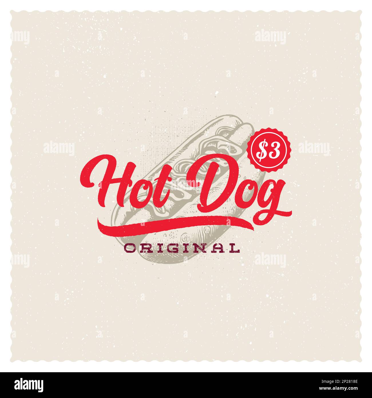 Logo dessiné à la main Hot dog silhouette et typographie moderne vintage style rétro illustration vectorielle. Étiquette de saucisse pour l'emballage de restauration rapide et le restaurant Illustration de Vecteur