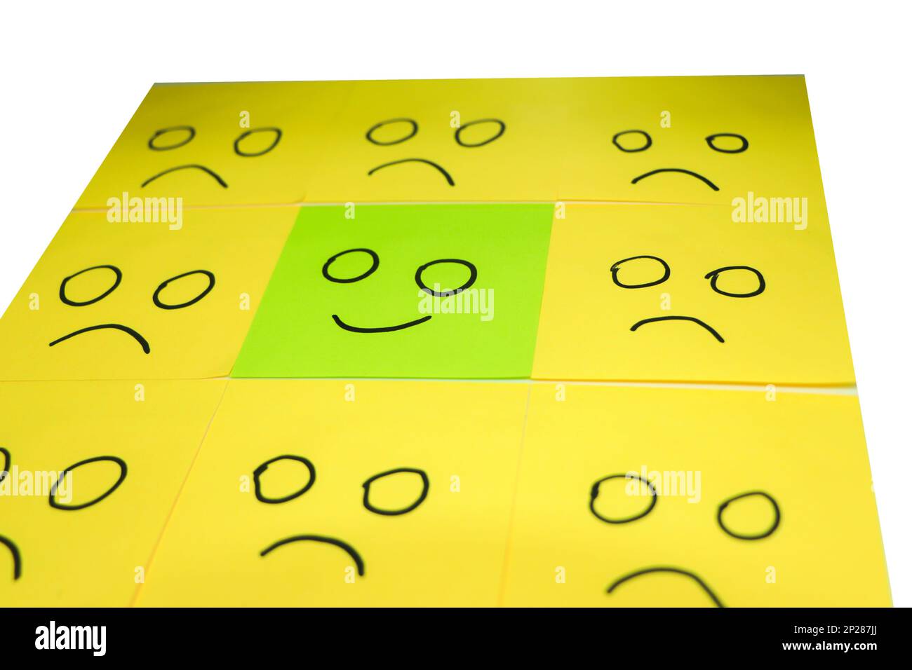 Attitude positive et concept heureux. Main a dessiné Un visage sourire et une émotion triste sur l'arrière-plan Sticky Note. Banque D'Images