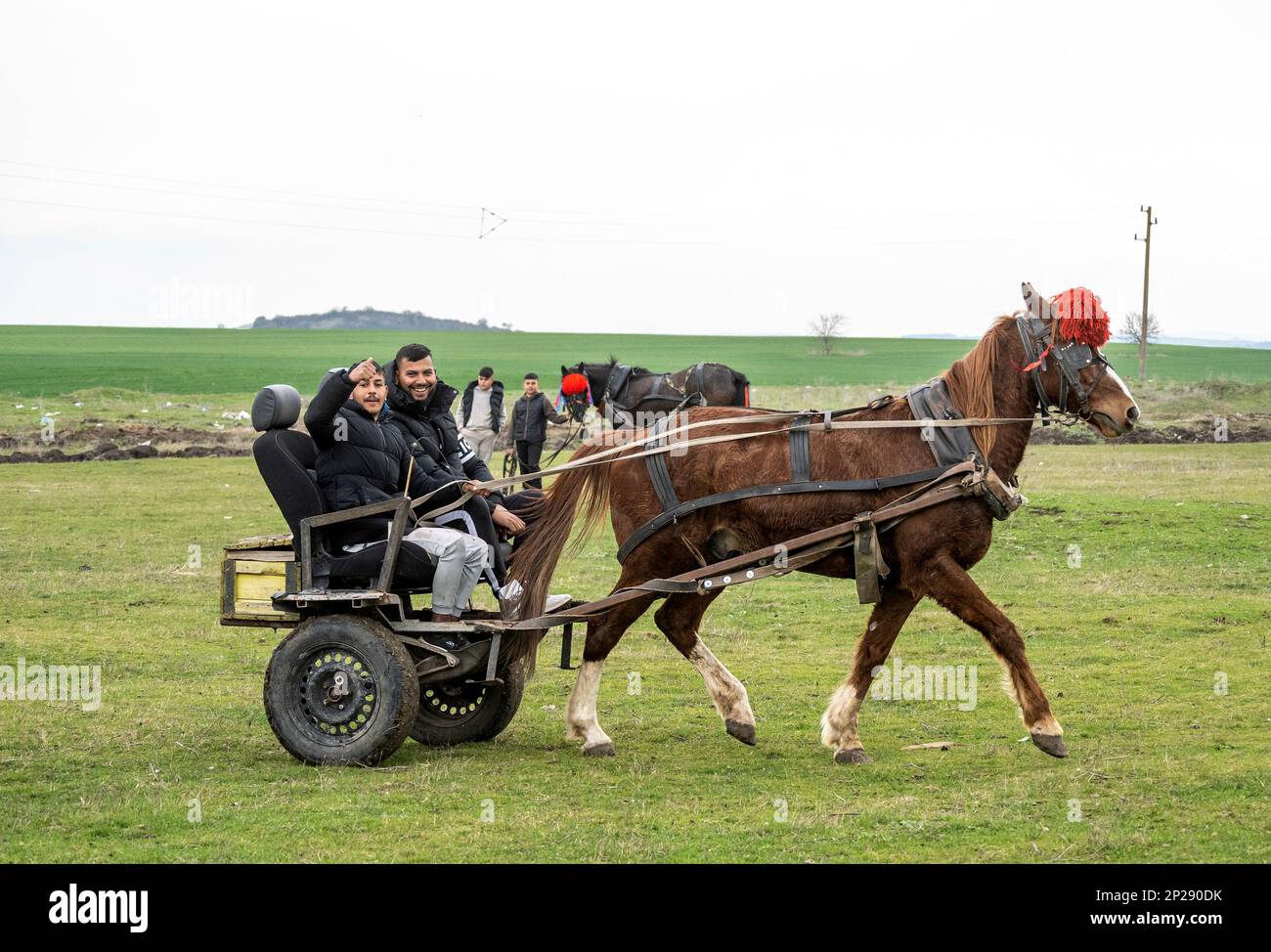 Bulgarie 3rd Mars 2023: L'une des premières vacances de printemps populaires dans le calendrier orthodoxe est jour de Théodore également connu sous le nom de Pâques de cheval. Les queues et les manes des chevaux sont décorées de perles, de glands et de fleurs des événements traditionnels de chevaux se tiennent au bord du village, y compris des courses de chevaux et d'ânes, des courses de chevaux surveillées par les villageois Cliff Norton Alamy Live News Banque D'Images