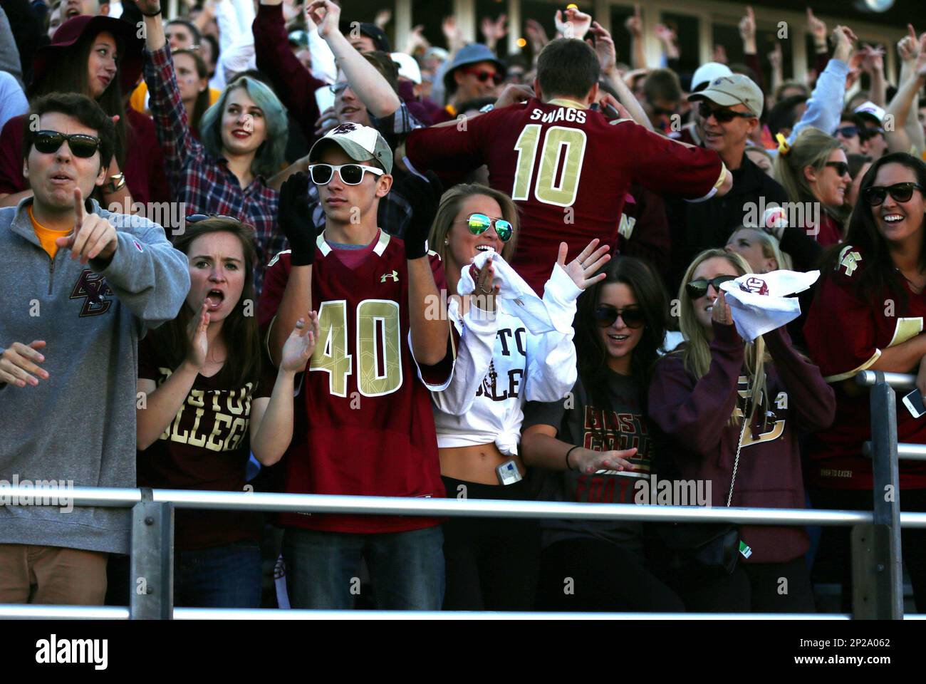 October 10, 2015: BC fans celebrate the interception from Boston College linebacker Connor Strachan (13). The Wake Forest Demon Deacons defeated the Boston College Eagles 3-0 in an ACC matchup at Alumni Stadium in Chestnut Hill, Massachusetts. (Photograph by Fred Kfoury III/Icon Sportswire) (Icon Sportswire via AP Images) Banque D'Images